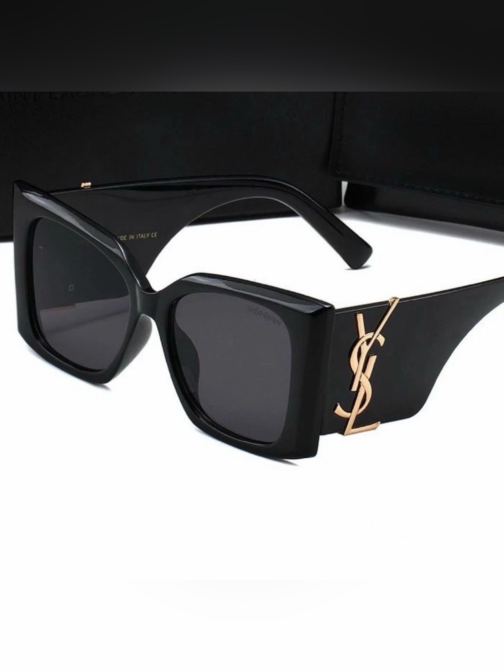 Yves Saint Laurent Black Oversized Square Sunglasses with Gold YSL Temples - Picture 2 of 2